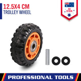 5 inch solid trolley wheel with plastic rim and 15mm bore for wheelbarrows, lawnmowers, carts and hand trucks.