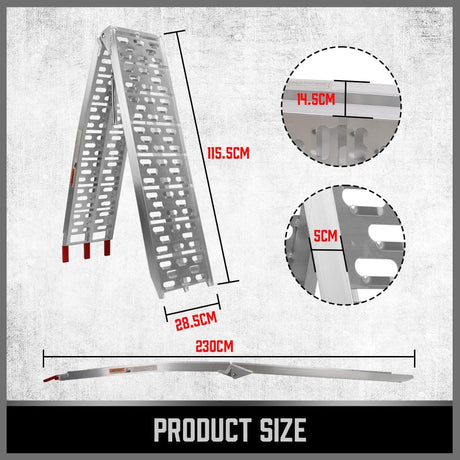 folding aluminum motorcycle loading ramp  with 230cm length, perforated anti-slip surface, centre support beam, soft-tipped loading points and safety straps for motorcycles, ATVs, dirt bikes, scooters and light equipment loading