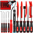 auto trim removal tool kit with red nylon pry tools, heat-treated pick hooks, ergonomic handles and extendable LED magnetic pickup tool for car panel, clip, seal and O-ring removal