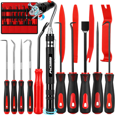 auto trim removal tool kit with red nylon pry tools, heat-treated pick hooks, ergonomic handles and extendable LED magnetic pickup tool for car panel, clip, seal and O-ring removal