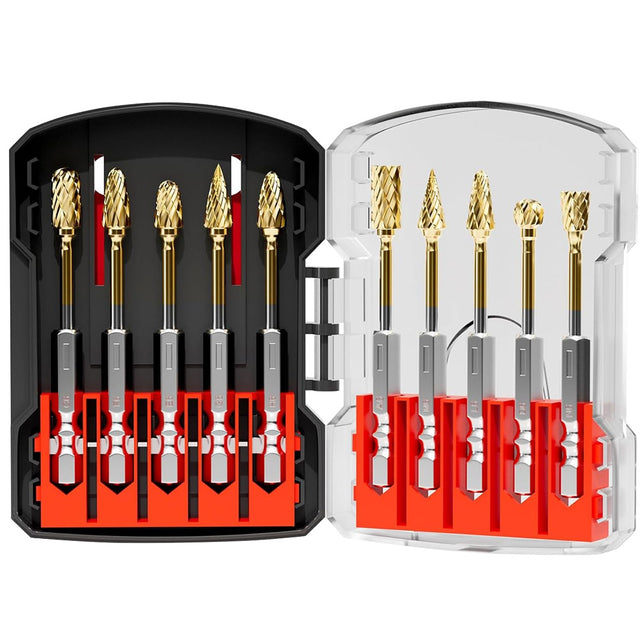 HORUSDY 10PCS 1/4 Inch Shank Double Cut Tungsten Carbide Burr Set with Storage Case for Metal, Wood, Plastic, Aluminum and Concrete