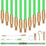 33FT fiberglass fish tape wire running kit with 10 rods, brass connectors, magnetic search head, hook, eyelet and cable pulling accessories.