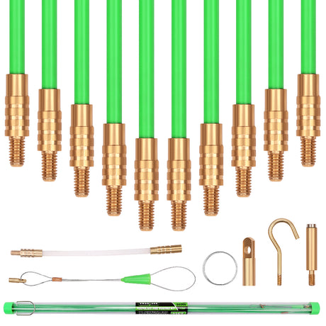 33FT fiberglass fish tape wire running kit with 10 rods, brass connectors, magnetic search head, hook, eyelet and cable pulling accessories.