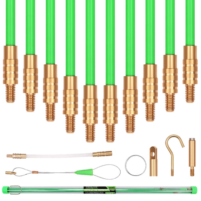 33FT fiberglass fish tape wire running kit with 10 rods, brass connectors, magnetic search head, hook, eyelet and cable pulling accessories.
