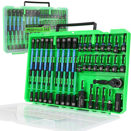 41-piece magnetic nut driver set with SAE and metric nut setters, 1/4 inch dual ratchet handle, universal socket, wing nut driver, bit holder and socket adapters