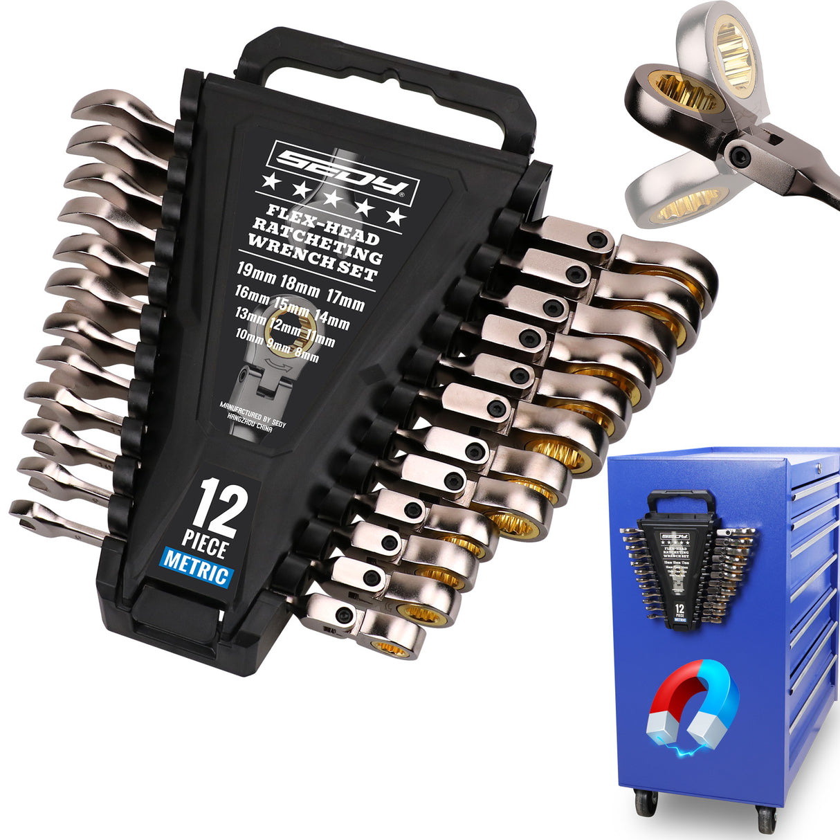 SEDY 12-piece SAE ratcheting wrench set with CR-V steel, 72-tooth mechanism and magnetic storage rack