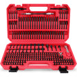 232-piece CR-V screwdriver bit set with security bits, SAE and metric nut drivers, ratchet wrench, magnetic bit holders, flexible shaft and red carry case