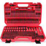 232-piece CR-V screwdriver bit set with security bits, SAE and metric nut drivers, ratchet wrench, magnetic bit holders, flexible shaft and red carry case