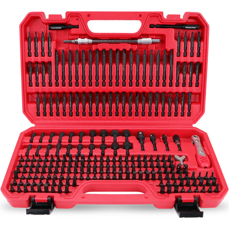 232-piece CR-V screwdriver bit set with security bits, SAE and metric nut drivers, ratchet wrench, magnetic bit holders, flexible shaft and red carry case