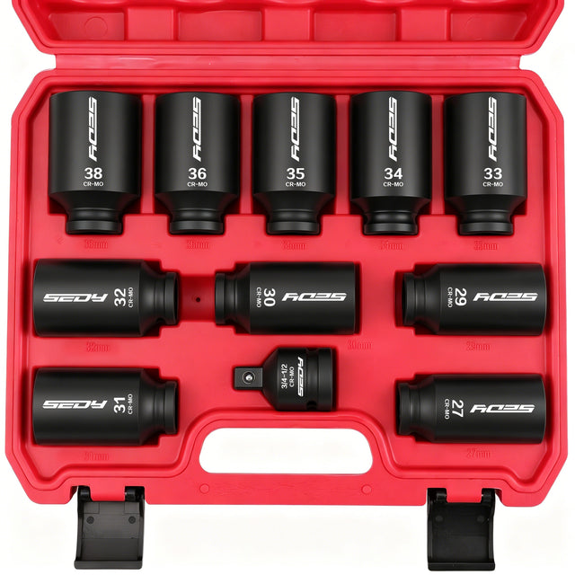 11Pcs Metric Deep Impact Socket Set with Adapter for High-Torque Wheel Axle Nut Wrench Tasks