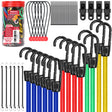 60-piece heavy duty bungee cord set with elastic cords, steel hooks, tarp clips, ball bungees and nylon cable ties for camping, tarps and car covers