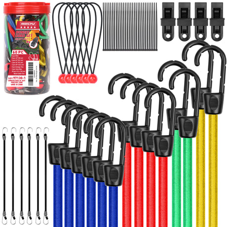 60-piece heavy duty bungee cord set with elastic cords, steel hooks, tarp clips, ball bungees and nylon cable ties for camping, tarps and car covers