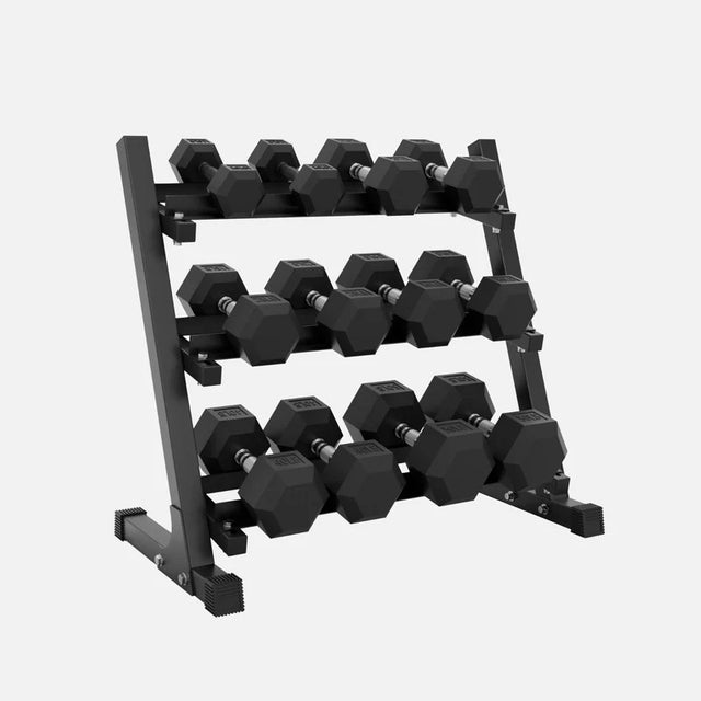 350 lb or 450 lb hex dumbbell set with 3-tier storage rack, anti-roll heads and knurled handles for home gym strength training