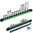 SEDY 12-piece metric socket set with magnetic green organizer rail, including deep and shallow CR-V sockets and 2 extension bars for automotive repair