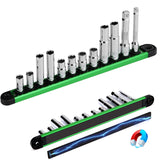 SEDY 12-piece metric socket set with magnetic green organizer rail, including deep and shallow CR-V sockets and 2 extension bars for automotive repair