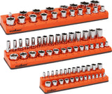 3-piece magnetic socket organizer set with 75 slots, orange metric socket holders for 1/4, 3/8 and 1/2 inch drive sockets, suitable for toolboxes and workshop storage.