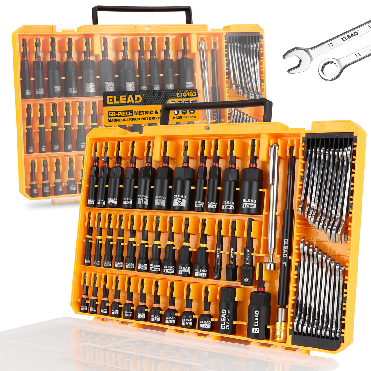 58-piece magnetic impact nut driver set with SAE and metric sizes, CR-V steel nut drivers, extensions, mini wrench set and magnetic pickup tool