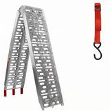 folding aluminum motorcycle loading ramp  with 230cm length, perforated anti-slip surface, centre support beam, soft-tipped loading points and safety straps for motorcycles, ATVs, dirt bikes, scooters and light equipment loading