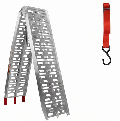 folding aluminum motorcycle loading ramp  with 230cm length, perforated anti-slip surface, centre support beam, soft-tipped loading points and safety straps for motorcycles, ATVs, dirt bikes, scooters and light equipment loading