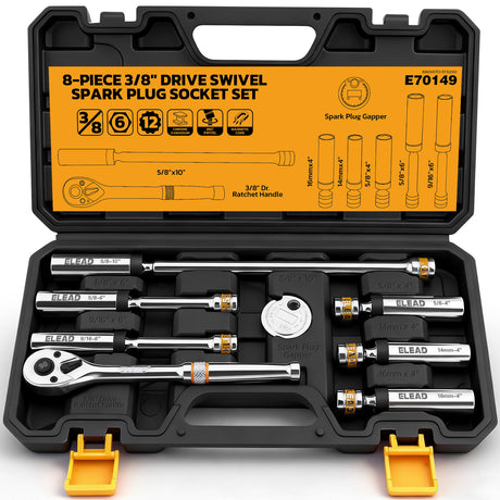 8-piece swivel magnetic spark plug socket set with CR-V steel and 360-degree rotation
