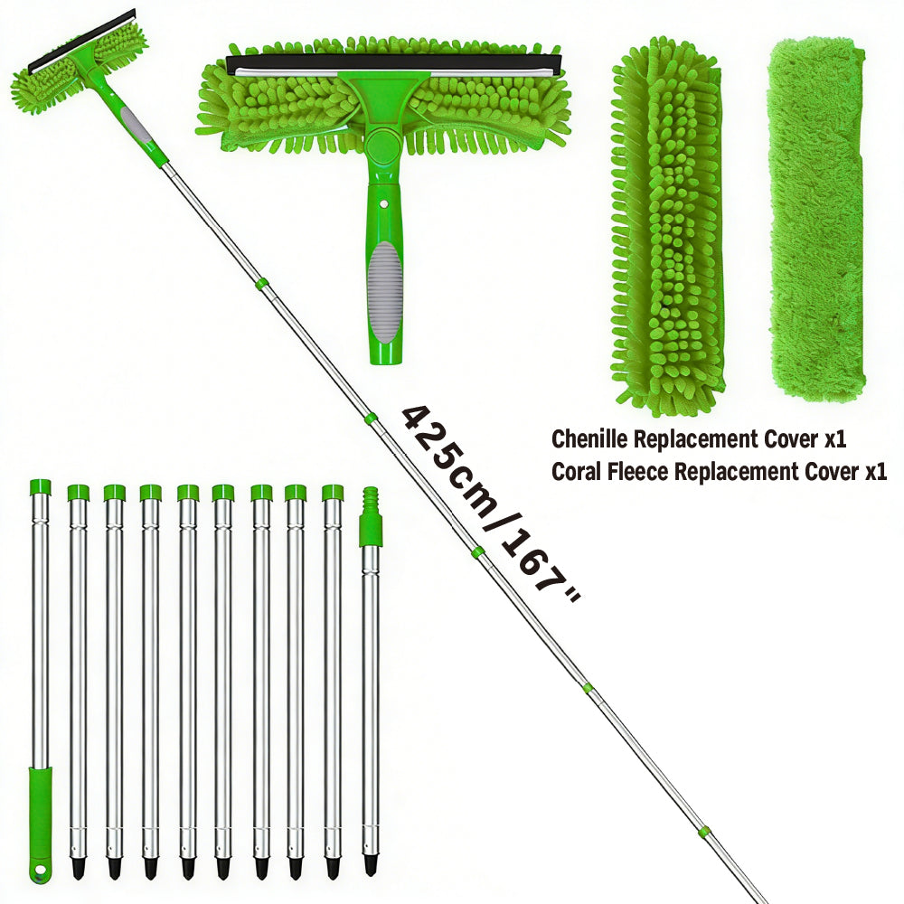 SEDY 2-in-1 Window Squeegee Cleaning Kit with Extendable Pole, Rotating Head and Replaceable Microfiber Covers