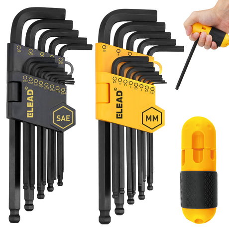 27-piece SAE and metric ball end Allen wrench set with long-arm CR-V hex keys, storage holders and removable T-handle.