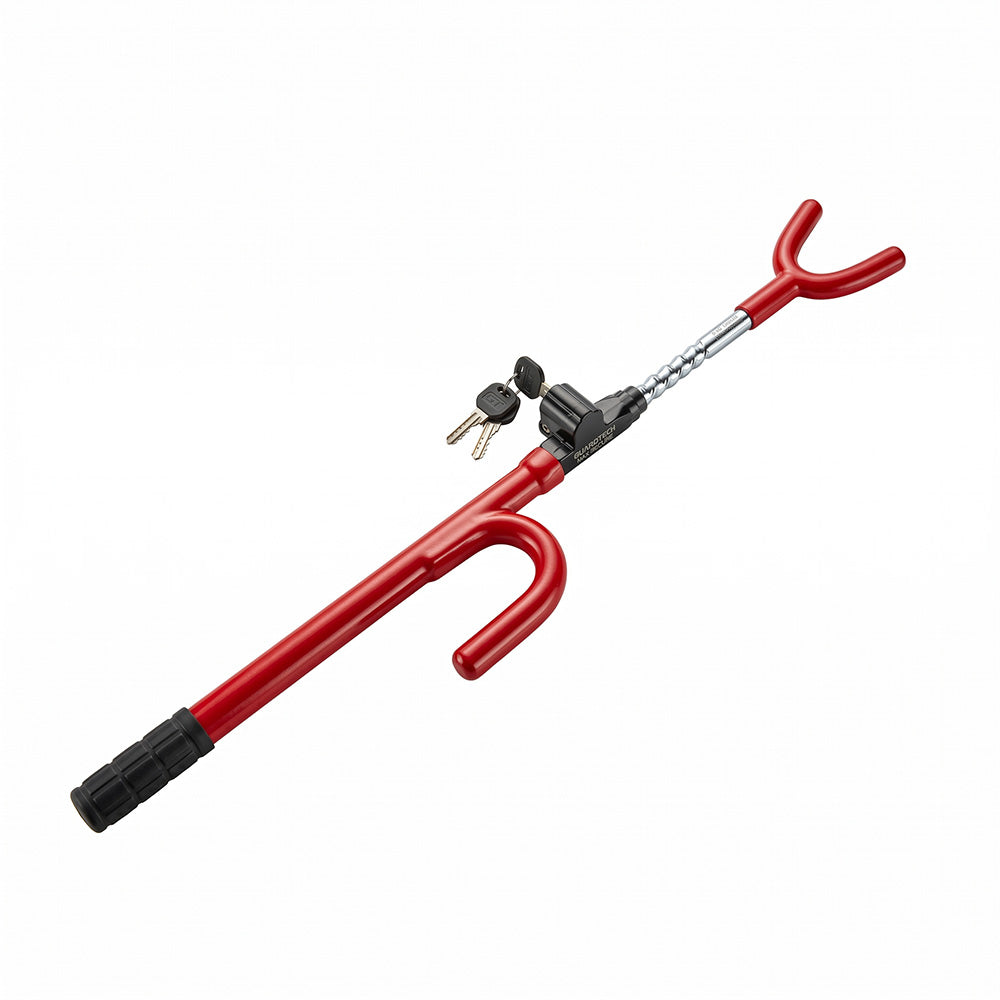 heavy-duty U-shaped car steering wheel lock in red with keyed lock cylinder, rubber handle grip, metal security bar and two keys for vehicle anti-theft deterrence