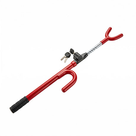heavy-duty U-shaped car steering wheel lock in red with keyed lock cylinder, rubber handle grip, metal security bar and two keys for vehicle anti-theft deterrence