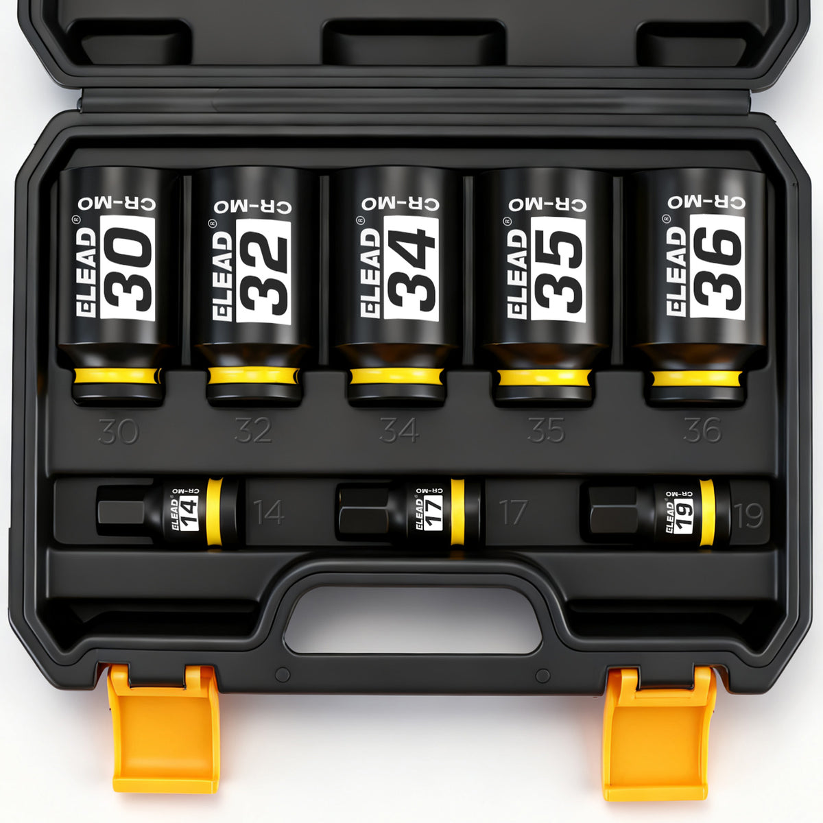 8-piece 1/2-inch drive axle nut socket set with metric deep impact sockets and hex bit sockets in carrying case
