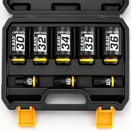 8-piece 1/2-inch drive axle nut socket set with metric deep impact sockets and hex bit sockets in carrying case