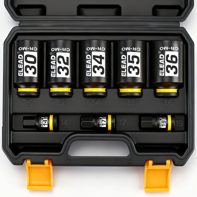 8-piece 1/2-inch drive axle nut socket set with metric deep impact sockets and hex bit sockets in carrying case