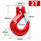 heavy-duty clevis slip hook with safety latch, cotter pin and red powder-coated finish for lifting, towing, recovery and rigging applications