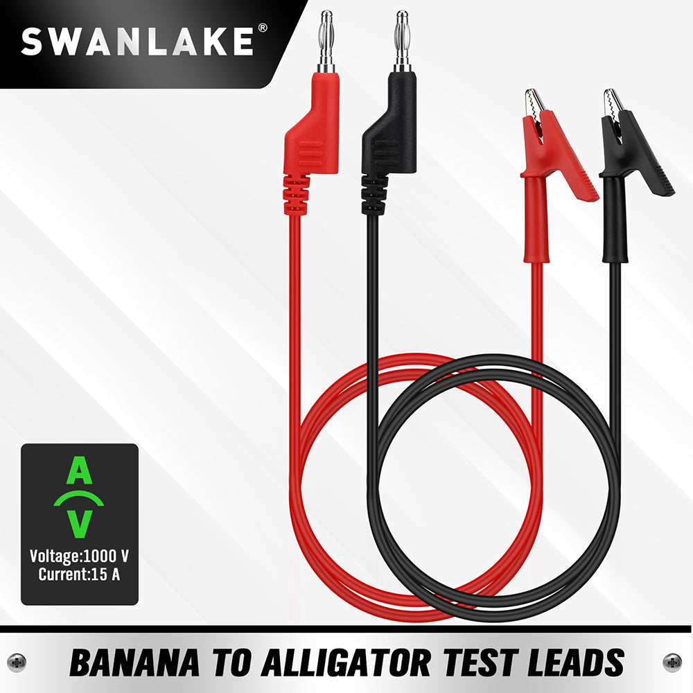 SWANLAKE 1000V 15A banana to alligator test leads with red and black silicone cables, insulated clips, and stackable banana plugs for electrical testing