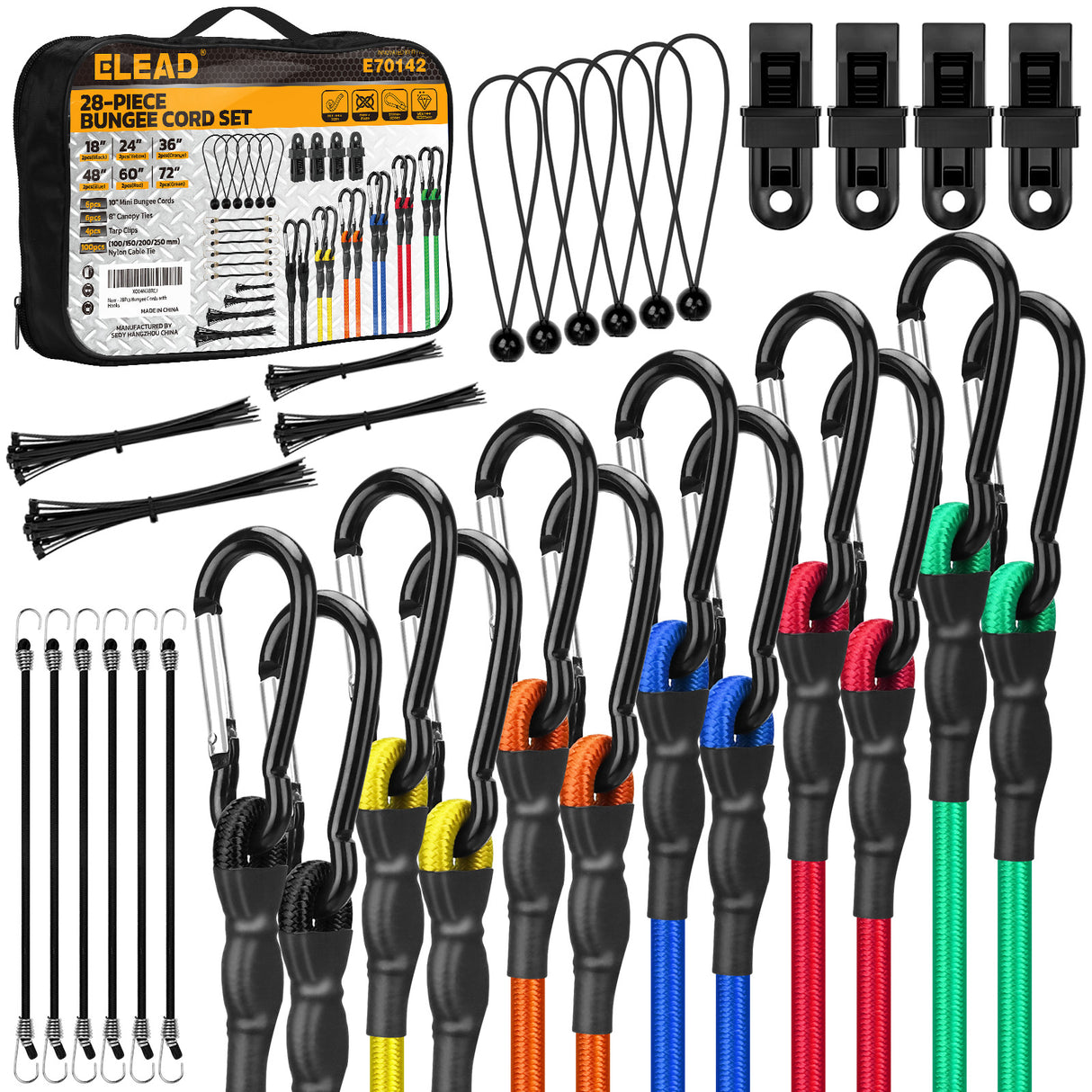 28-piece bungee cord set with heavy duty carabiner hooks, elastic tie down cords for camping, cargo and outdoor use