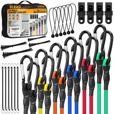 28-piece bungee cord set with heavy duty carabiner hooks, elastic tie down cords for camping, cargo and outdoor use