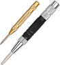 2-piece automatic center punch set with adjustable spring-loaded mechanism, hardened chrome vanadium steel tips and knurled grips for metal and woodworking