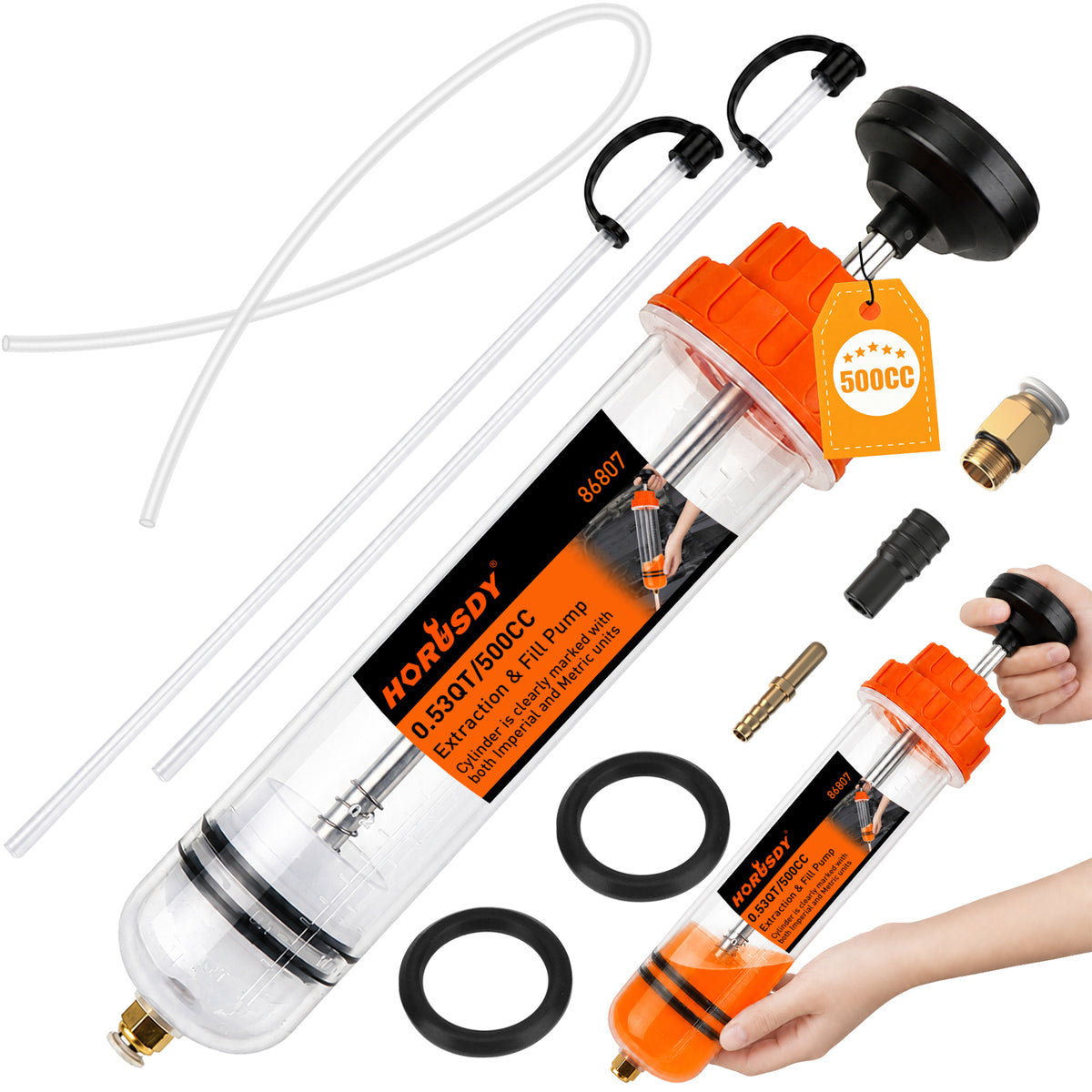 500cc manual fluid extractor and fill pump with transparent graduated cylinder, hand plunger, flexible hose, extension tubes and sealing accessories