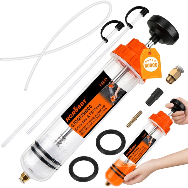 500cc manual fluid extractor and fill pump with transparent graduated cylinder, hand plunger, flexible hose, extension tubes and sealing accessories