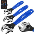 3-piece adjustable wrench set with 6 inch, 8 inch and 10 inch CR-V steel wrenches, measurement scales and blue cushion grips