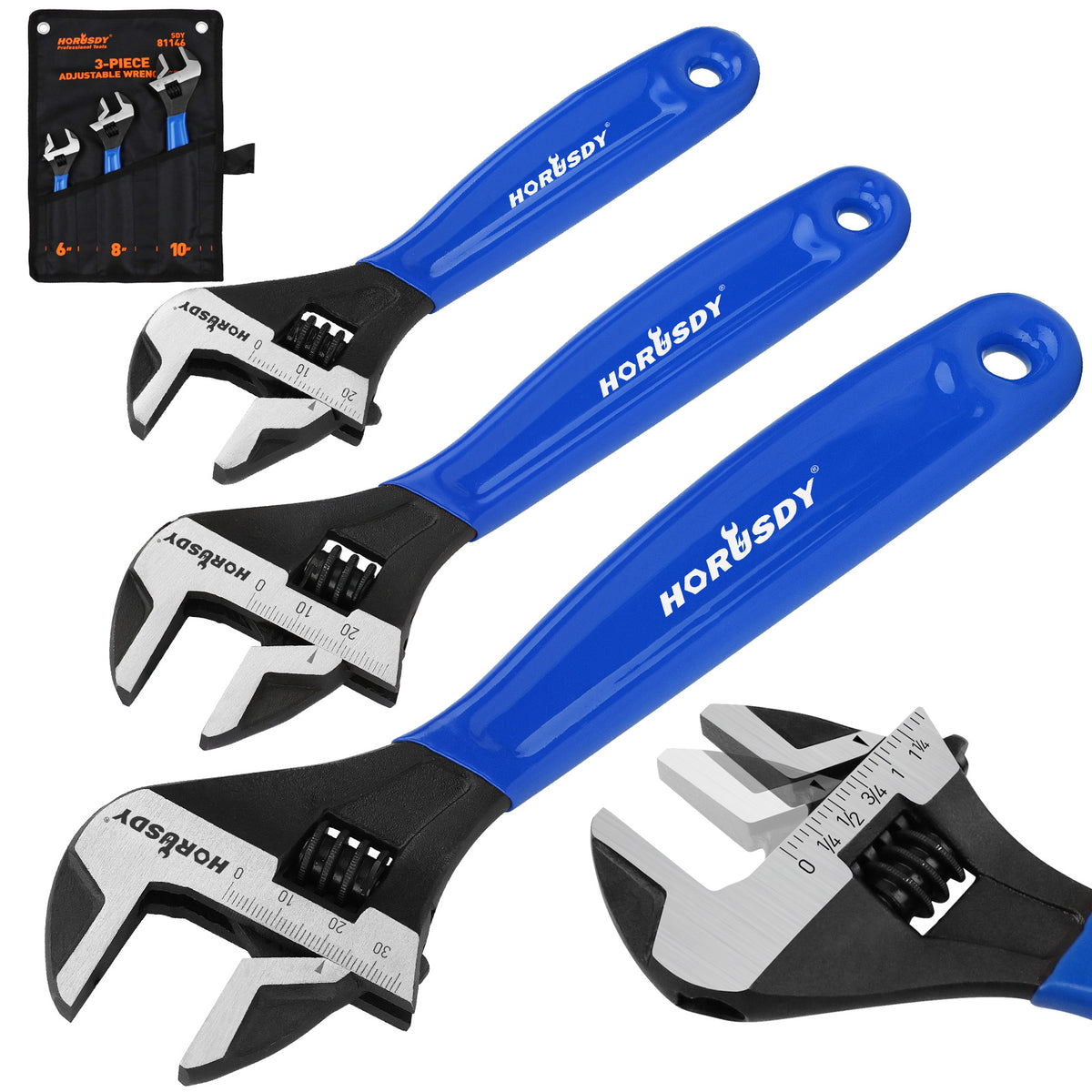 3-piece adjustable wrench set with 6 inch, 8 inch and 10 inch CR-V steel wrenches, measurement scales and blue cushion grips
