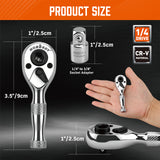 2-in-1 1/4 inch drive mini ratchet wrench with 90-tooth 4-degree swing, magnetic bit driver and 1/4 to 3/8 socket adapter
