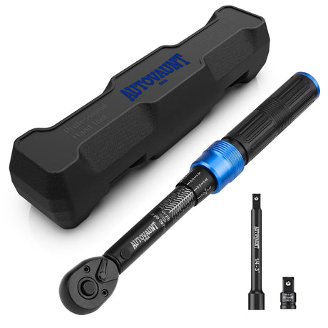 1/4 inch drive click torque wrench with 20-240 in-lb and 2.3-27.1 Nm range, 72-tooth reversible ratchet, 3-inch extension bar, 1/4 to 3/8 drive adapter, storage case and calibration certificate