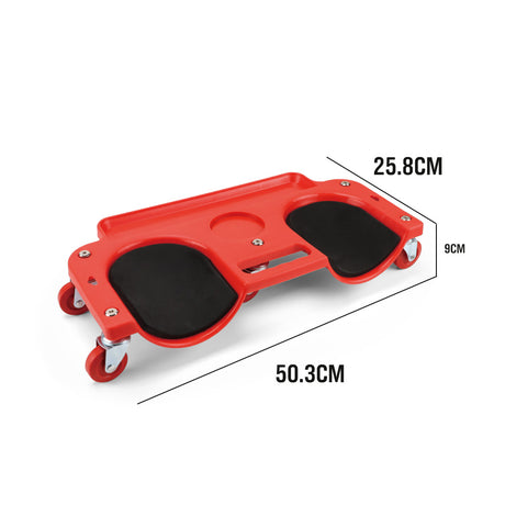 Rolling magnetic creeper seat with cushioned pads, tool organizer tray, and 360° swivel wheels for comfortable garage and workshop use.