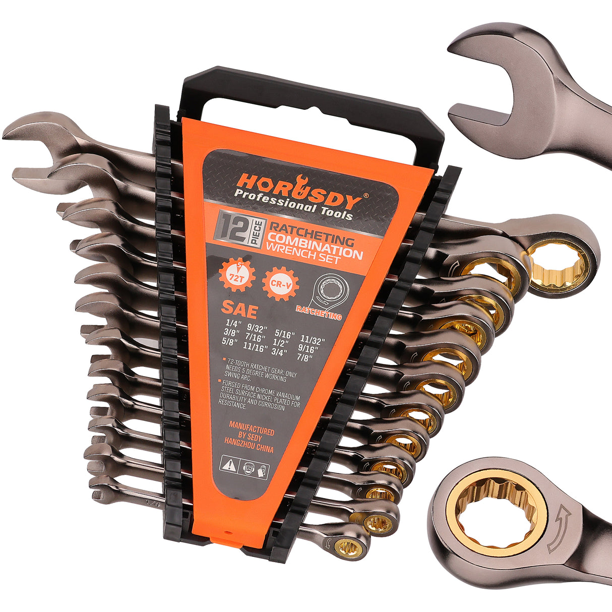 12-piece SAE ratcheting combination wrench set with 72-tooth 12-point box ends, CR-V steel construction and 1/4 to 7/8 inch sizes