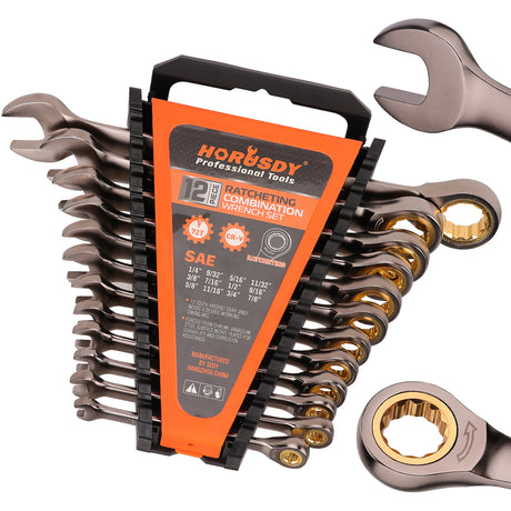 12-piece SAE ratcheting combination wrench set with 72-tooth 12-point box ends, CR-V steel construction and 1/4 to 7/8 inch sizes