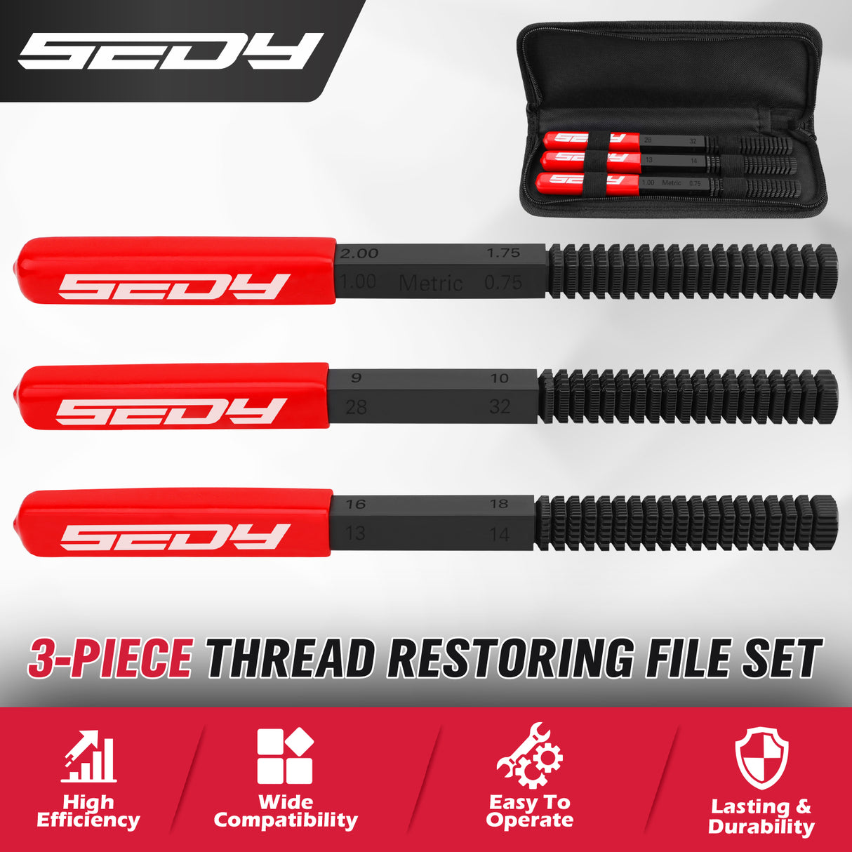 3-piece thread repair file set with metric and inch thread chasers for restoring damaged threads on bolts, studs, screws and pipes