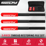 3-piece thread repair file set with metric and inch thread chasers for restoring damaged threads on bolts, studs, screws and pipes
