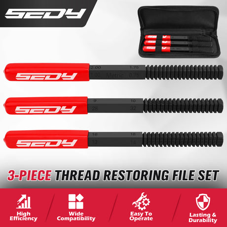 3-piece thread repair file set with metric and inch thread chasers for restoring damaged threads on bolts, studs, screws and pipes