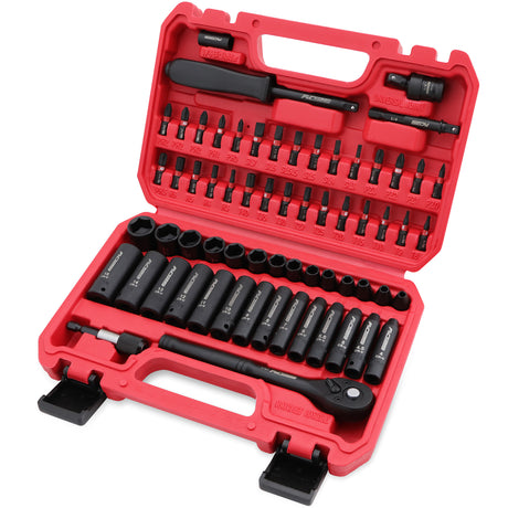 SEDY 64-piece socket and bit wrench set with CR-V steel sockets, universal joint, ratchet handle, and hard carry case for automotive and home tool kits.