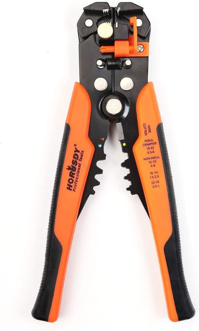 8 Inch 5-in-1 Automatic Wire Stripper with Self Adjusting Jaws, Wire Cutter, Terminal Crimper and Orange Non-Slip Handles